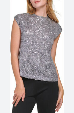 Calvin Klein Sequin Top Womens XL Gray Crew Neck Cap Sleeve Old Money Glam